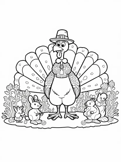 A coloring page of Turkey in a whimsical garden