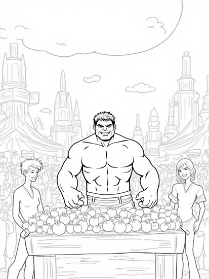 A coloring page of Hulk at the intergalactic market