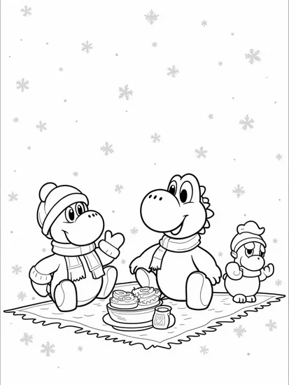 A coloring page of Yoshi’s snowy picnic