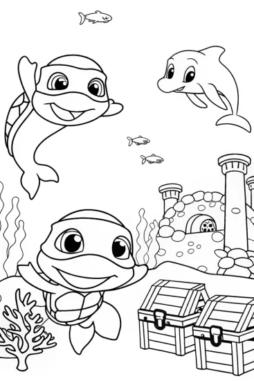 A coloring page of TMNT underwater exploration scene