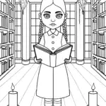 Wednesday Addams in a spooky library