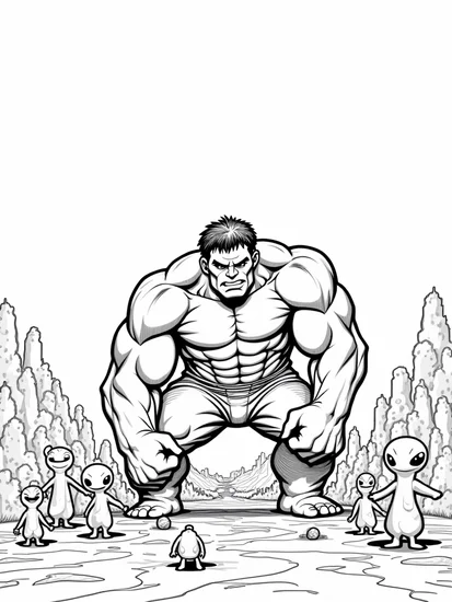A coloring page of Hulk shaping an alien park