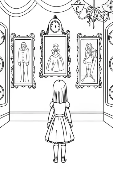 A coloring page of Wednesday Addams in a portrait gallery