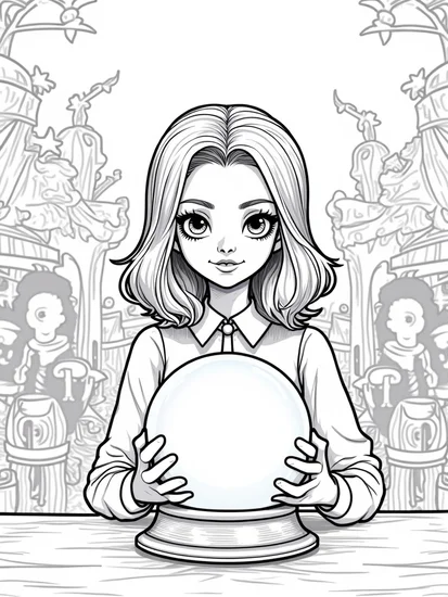 A coloring page of Wednesday Addams fortune-teller scene