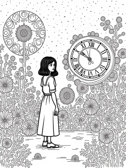 A coloring page of Wednesday Addams in a clockwork garden