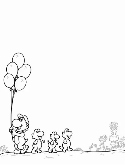 A coloring page of Yoshi leading a balloon parade
