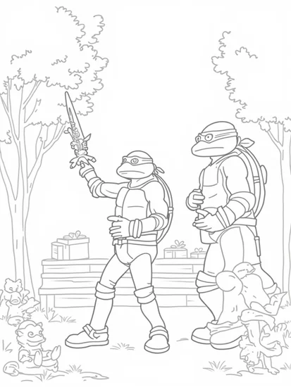 A coloring page of Teenage Mutant Ninja Turtles saving wildlife