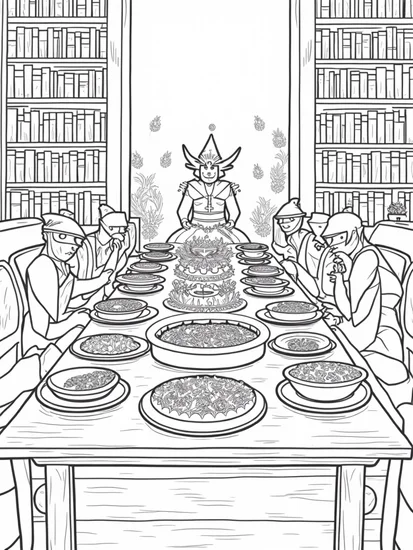 A coloring page of Thanksgiving feast in the library