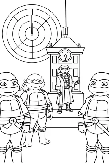 A coloring page of Ninja Turtles time travel adventure