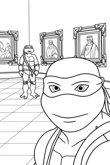 A coloring page of TMNT in an art gallery