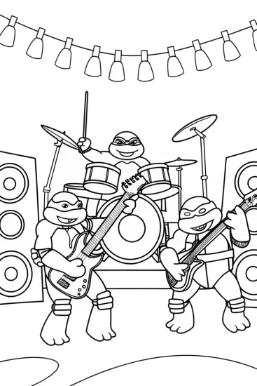 A coloring page of TMNT rock band adventure