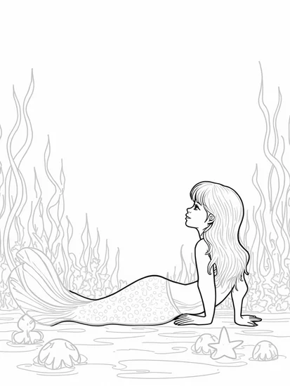 A coloring page of Mermaid stargazer on the ocean floor