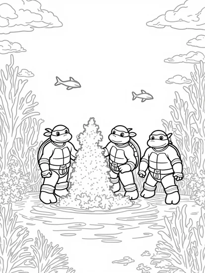 A coloring page of Teenage Mutant Ninja Turtles art exhibit