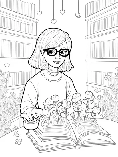 A coloring page of Librarian watering heart flowers