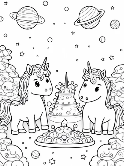 A coloring page of Unicorns in a candy factory