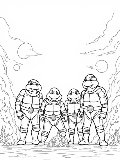 A coloring page of Teenage Mutant Ninja Turtles in space