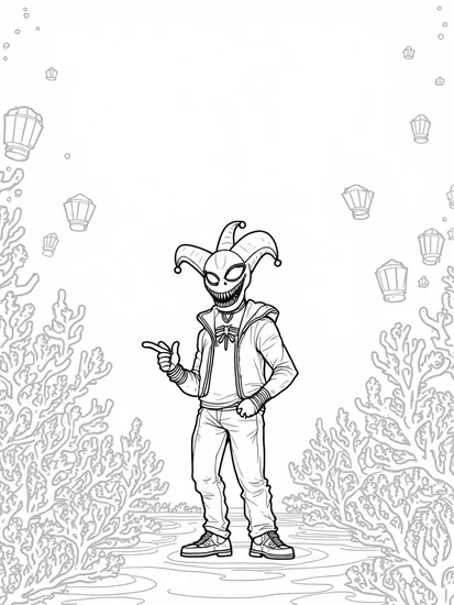 A coloring page of Venom’s underwater carnival scene