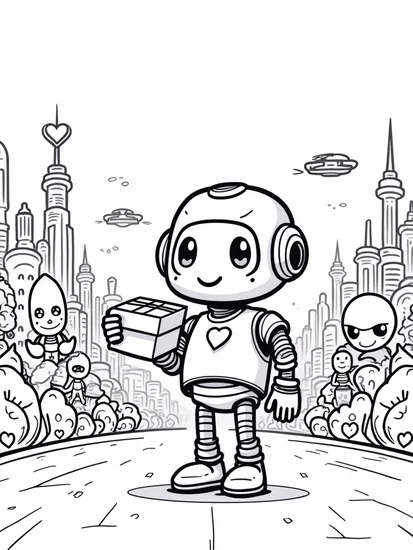 A coloring page of Robot delivering heart-shaped packages