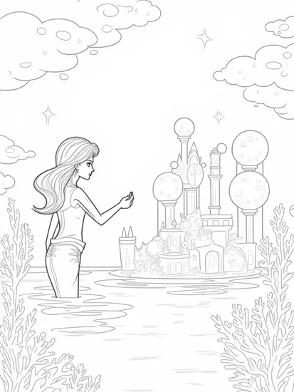 A coloring page of Mermaid exploring a bubble city