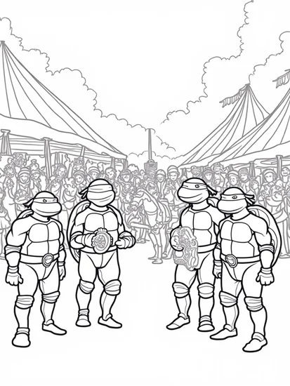 A coloring page of Teenage Mutant Ninja Turtles at fair