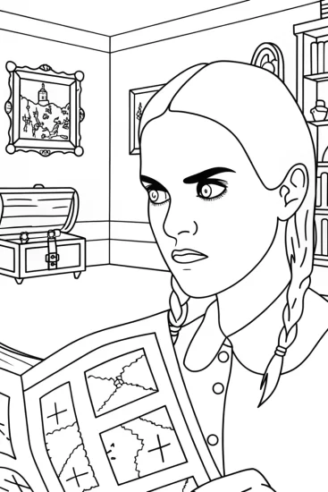 A coloring page of Wednesday Addams in an escape room
