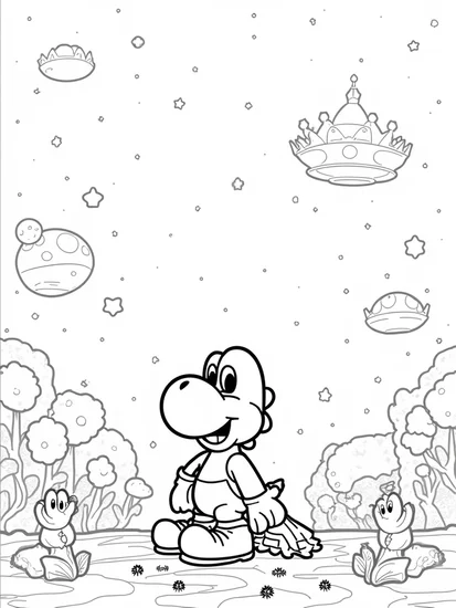 A coloring page of Yoshi gardening on an alien planet
