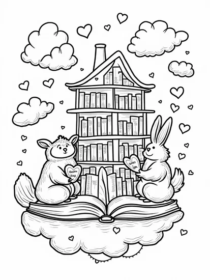 A coloring page of Animals reading in a floating library