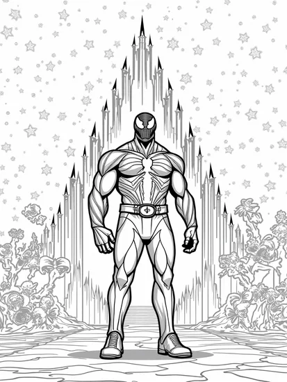 A coloring page of Venom guarding a cosmic library