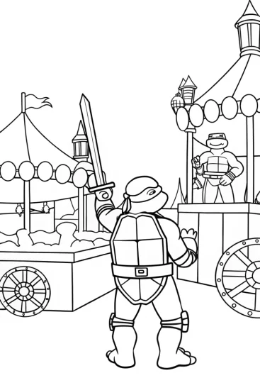 A coloring page of Leonardo at the steampunk fair