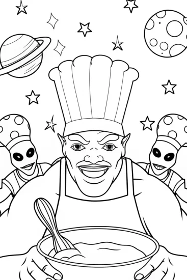 A coloring page of Hulk baking in outer space