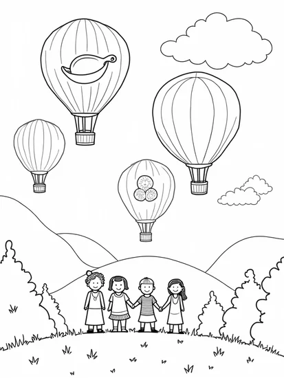 A coloring page of Thanksgiving around the world balloons