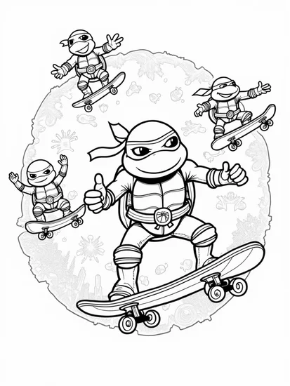 A coloring page of Teenage Mutant Ninja Turtles skateboarding
