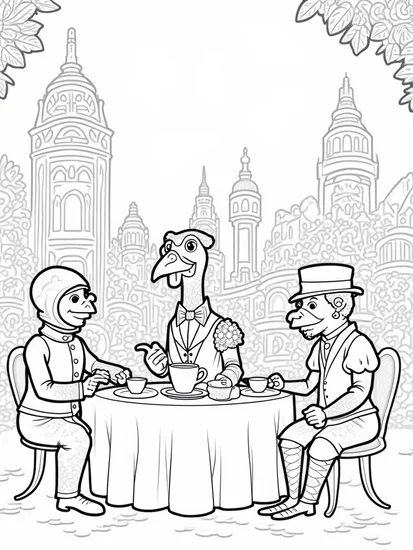 A coloring page of Turkey’s time-traveling tea party