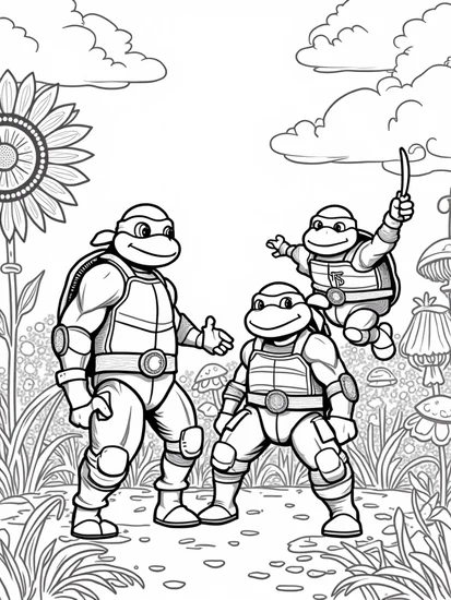 A coloring page of Teenage Mutant Ninja Turtles battle