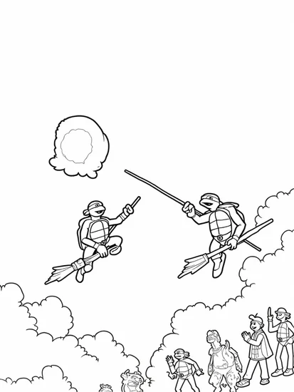 A coloring page of TMNT in a quirky quidditch match