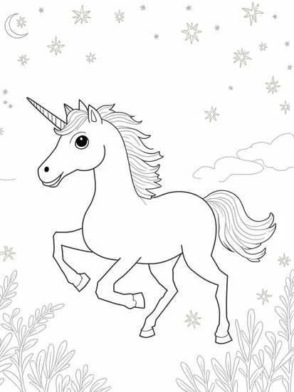 A coloring page of Unicorn in a magical garden