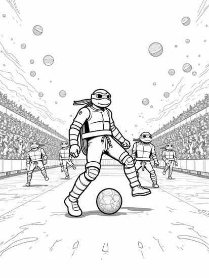 A coloring page of TMNT playing soccer in space