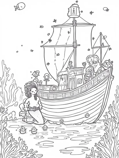 A coloring page of Mermaid exploring a shipwreck