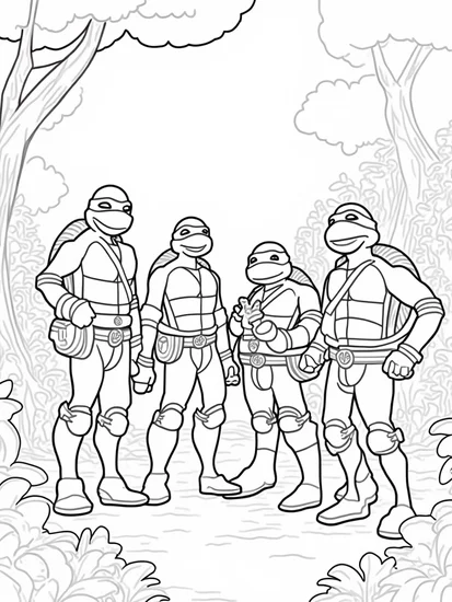 A coloring page of Teenage Mutant Ninja Turtles in a forest