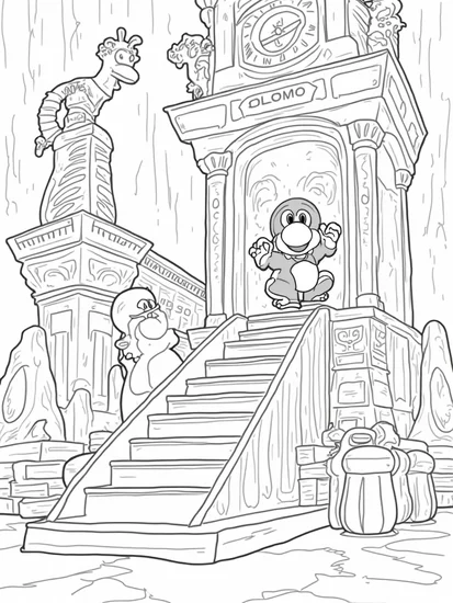 A coloring page of Yoshi climbing a clock tower