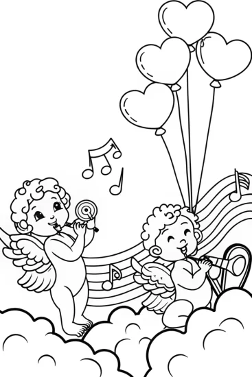 A coloring page of Cherubs playing candy instruments