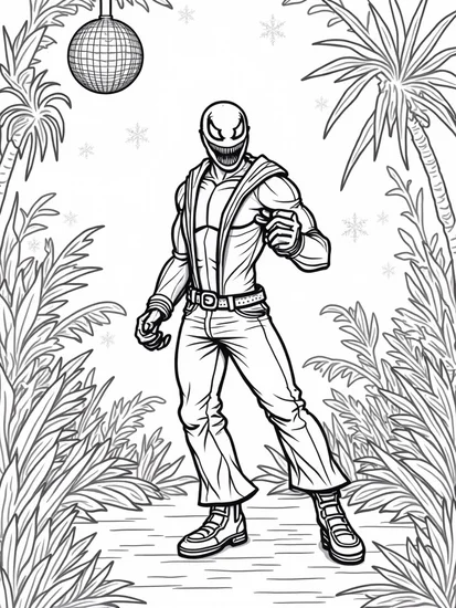 A coloring page of Venom dancing in a neon jungle