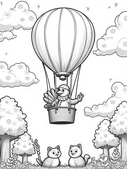 A coloring page of Turkey in a hot air balloon
