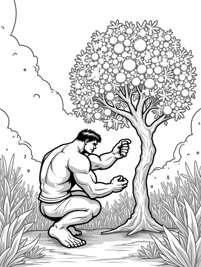 A coloring page of Hulk watering alien fruit trees