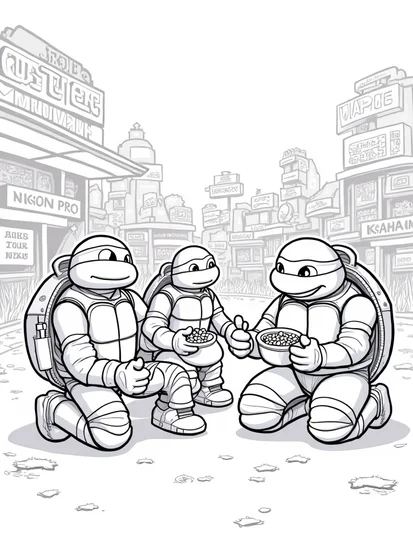 A coloring page of Teenage Mutant Ninja Turtles at zoo