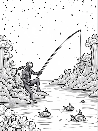 A coloring page of Venom fishing in a cosmic lake