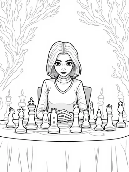 A coloring page of Wednesday Addams chess match