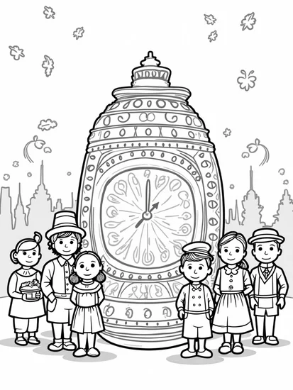 A coloring page of Children around a time capsule