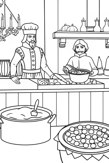 A coloring page of Thanksgiving time-traveling kitchen