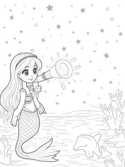 A coloring page of Mermaid astronomer scene